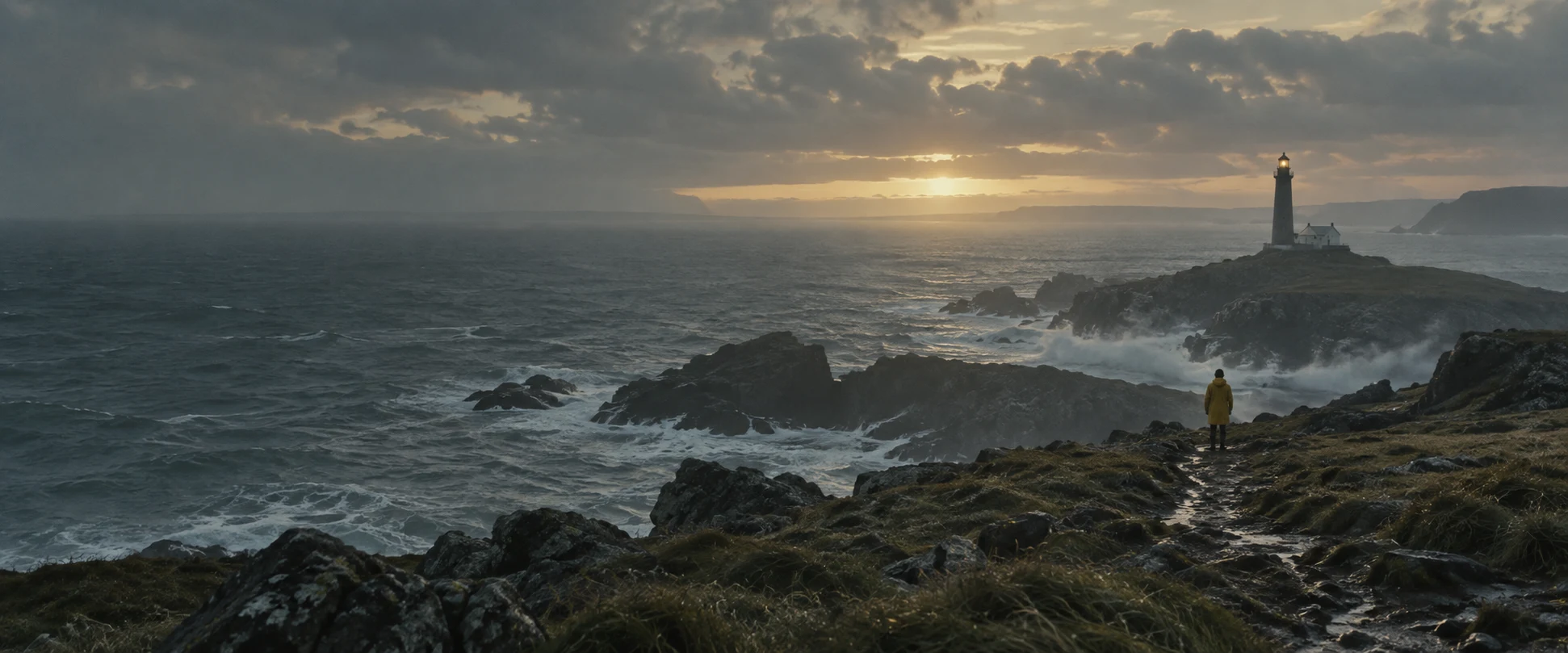 A keeper in a yellow coat looks toward a lighthouse on a windswept coast at dusk.